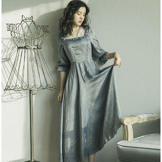 3/4-sleeve Mesh Paneled A-line Midi Dress