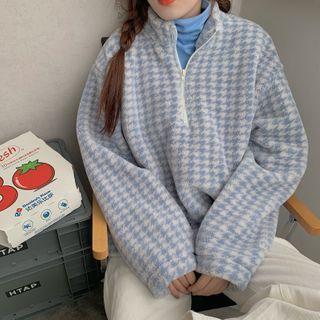 Zip-front Houndstooth Oversize Pullover Blue - One Size