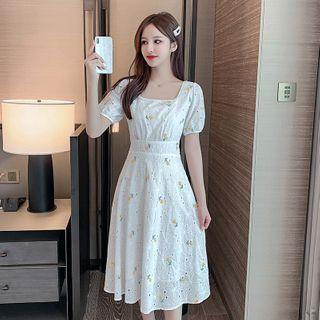 Short Sleeve Floral Embroidered Eyelet Lace A-line Dress