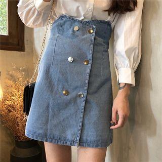 High Waist Button Front Denom Skirt