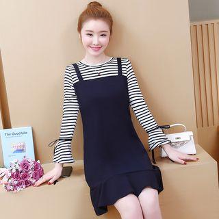 Long-sleeve Mock Two-piece Striped A-line Dress