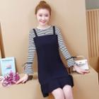 Long-sleeve Mock Two-piece Striped A-line Dress