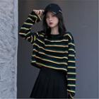 Long-sleeve Round Neck Striped Top