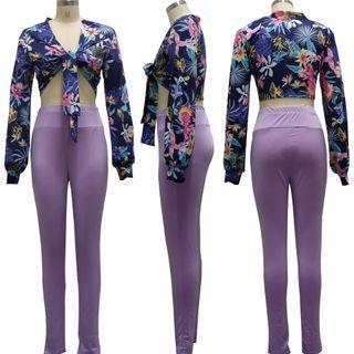 Set: Long-sleeve Print Tie-front Crop Top + Leggings
