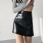 High Waist Croc Grain Faux Leather Mini A-line Skirt