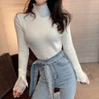 Mock-turtleneck Lace Trim Rib Knit Top