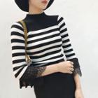 Lace Trim Striped Mock Neck 3/4 Sleeve Top