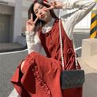 Long-sleeve Ruffled Bow-accent Top / Midi A-line Overall Dress