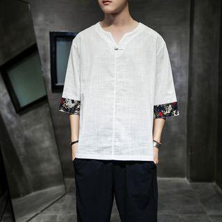Panelled Elbow-sleeve Notch-neck T-shirt