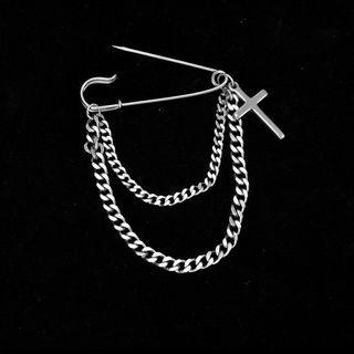 Safety Pin Cross Layered Chain Brooch Silver - One Size