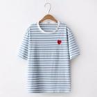 Short-sleeve Striped Heart Embroidery T-shirt Blue - One Size