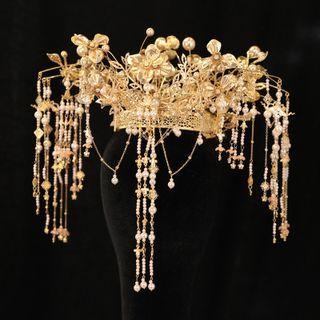 Set: Alloy Flower Fringed Wedding Tiara + Drop Earring
