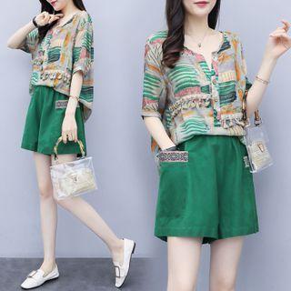 Set: Print Elbow-sleeve Top + Shorts