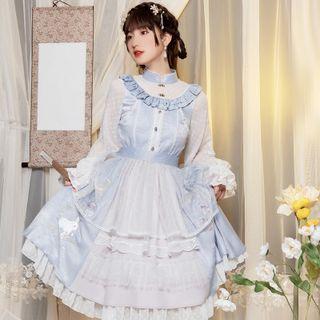 Long-sleeve Rabbit Embroidered Frill Trim Bow Midi A-line Lolita Dress