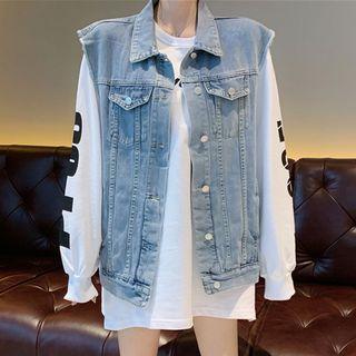 Long-sleeve Printed Top / Back Flower Printed Denim Vest