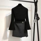 Mock-neck Flared-sleeve Knit Top / Striped Mini A-line Skirt / Set