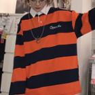 Long-sleeve Striped Polo Shirt Stripes - Tangerine & Black - One Size