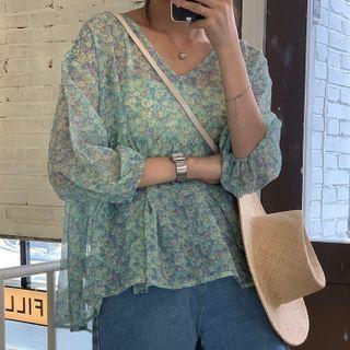 Set: Puff-sleeve Floral Print Blouse + Camisole