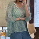 Set: Puff-sleeve Floral Print Blouse + Camisole