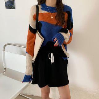 Round-neck Color-block Oversize Sweater Blue - One Size