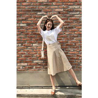 Buckled Waist Linen Blend Flare Skirt