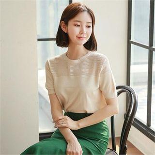 Short-sleeve Mesh-trim Knit Top