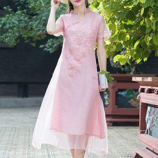 Mandarin Collar Embroidered A-line Midi Dress