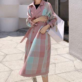 Color Block Plaid Panel Notch Lapel Trench Jacket