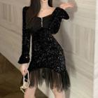Long-sleeve Sequined Mesh Panel Mini Sheath Dress