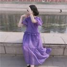 Floral Short-sleeve Ruffle Trim Midi A-line Dress Purple - One Size