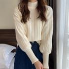 Puff-sleeve Mock-neck Ribbed Knit Sweater