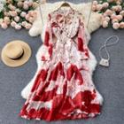 Bow Collar Print Long-sleeve Dress