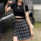 Set: Short-sleeve Letter Cutout Cropped T-shirt + Asymmetric Plaid A-line Mini Skirt