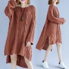 Crew-neck Long-sleeve Cable Knit Dress Coffee - One Size