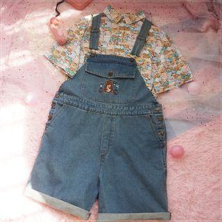 Embroidered Denim Dungaree Shorts Blue - One Size
