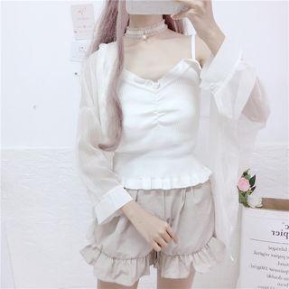 Ruffle Trim Cami Knit Top / Frill Hem Shorts / Open Front Light Jacket