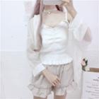 Ruffle Trim Cami Knit Top / Frill Hem Shorts / Open Front Light Jacket