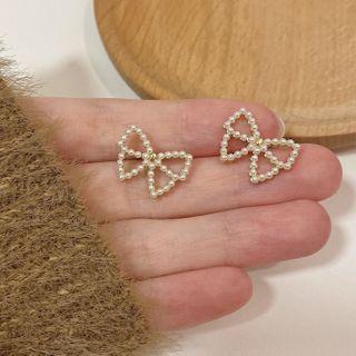 Bow Faux Pearl Earring 1 Pair - Stud Earring - Gold - One Size