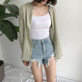 Plain Stand-collar 3/4-sleeve Blouse