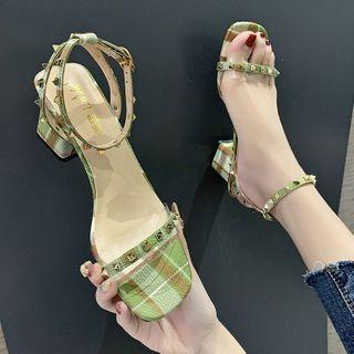 Studded Plaid Ankle-strap Chunky-heel Sandals