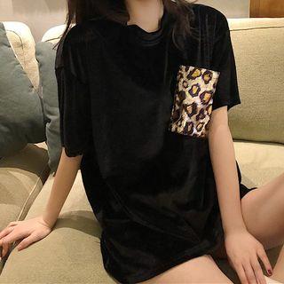 Leopard Print Panel Elbow-sleeve T-shirt