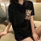 Leopard Print Panel Elbow-sleeve T-shirt