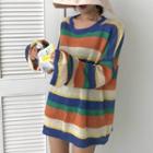 Oversized Long-sleeve Color Block Knit Top Stripe - One Size