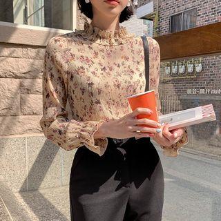 Frill-neck Floral Crinkled Blouse