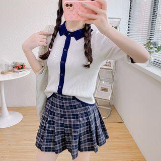 Elbow-sleeve Collared Button-up Knit Top