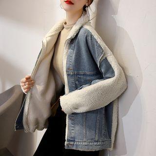 Denim Panel Fleece-lined Zip Jacket Blue - One Size