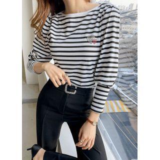 Mutton-sleeve Heart-detail Striped T-shirt