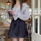 Long-sleeve Ruffled Dotted Blouse / Mini A-line Skirt