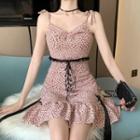 Spaghetti Strap Lace-up Floral Print Mini A-line Dress