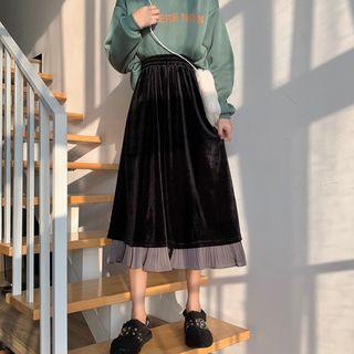 Color-block Velvet Pleated Skirt Black - One Size